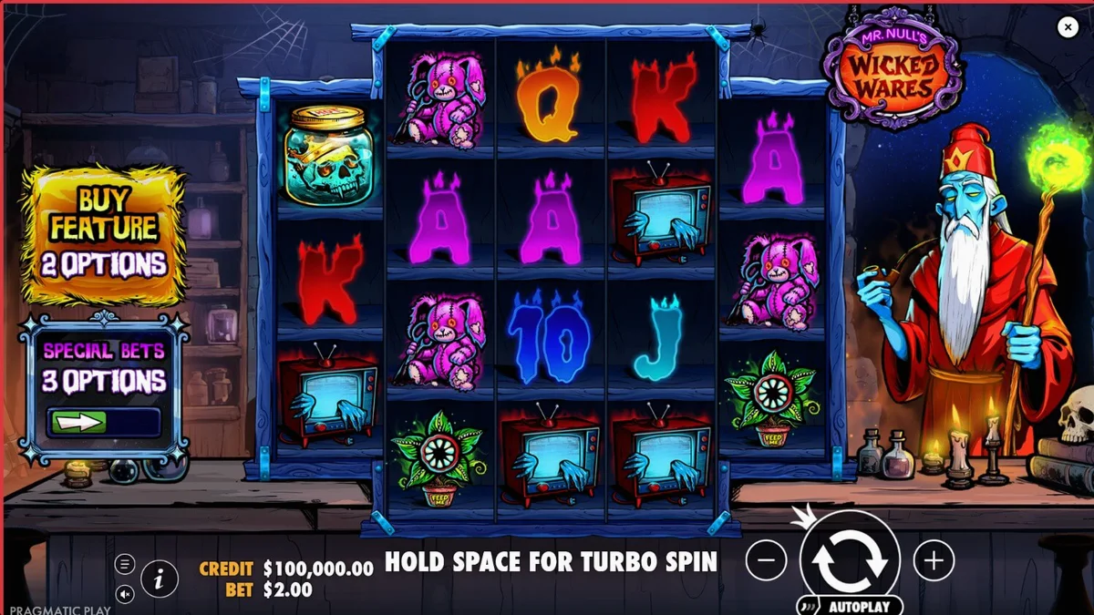 Tampilan visual slot Mr Null’s Wicked Wares dengan tema horor arcade yang penuh warna neon.